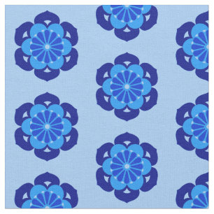 Lotus Flower Print, Indigo and Light Blue  Fabric