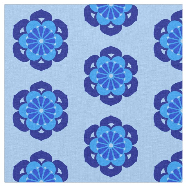Lotus Flower Print, Indigo and Light Blue  Fabric (Close Up)