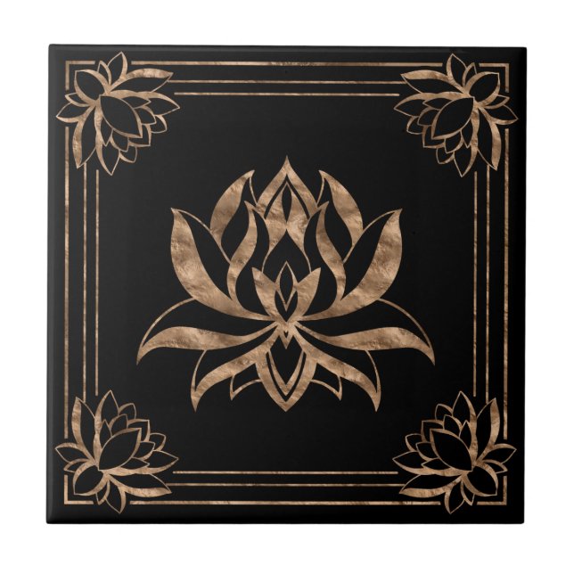 Lotus Flower Square ornament - black and gold Ceramic Tile (Front)