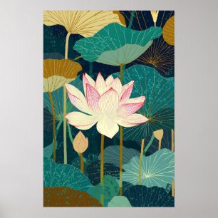 Lotus Flower Wall Art Print Botanical Teal Green