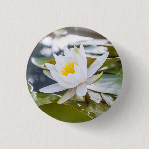 Lotus flower white colour in the pond 3 cm round badge