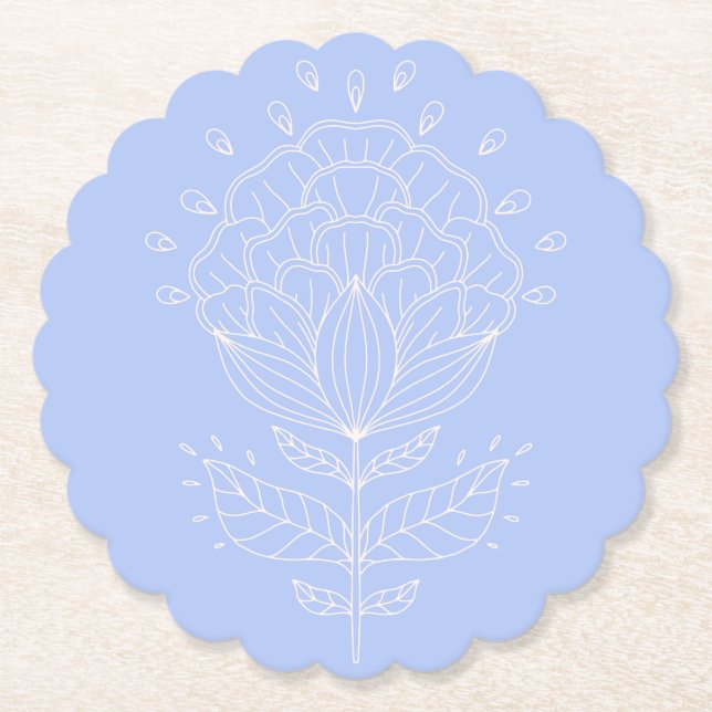 Lotus flower white line drawing floral lilac bever paper coaster (Front)