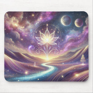 Lotus Flower with Cosmic Sky and Flowing River Mouse Pad