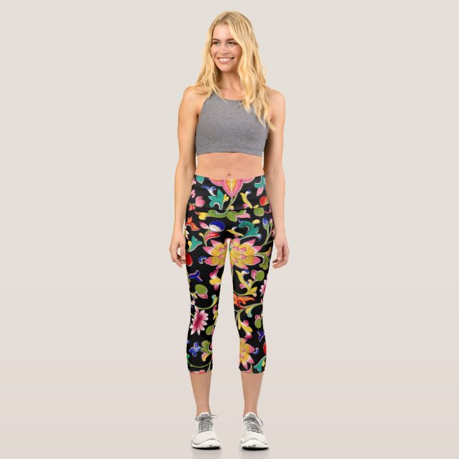 Lotus Flowers and Vine Capri Leggings (Front)