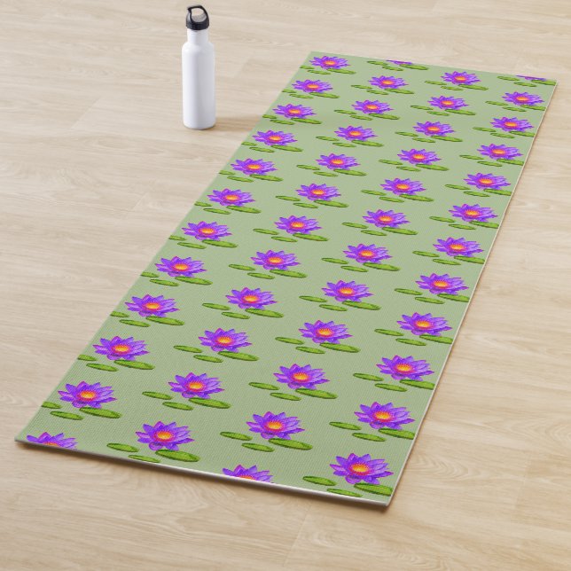 Lotus Flowers & Lily Pads on Laurel Green Yoga Mat (In Situ)