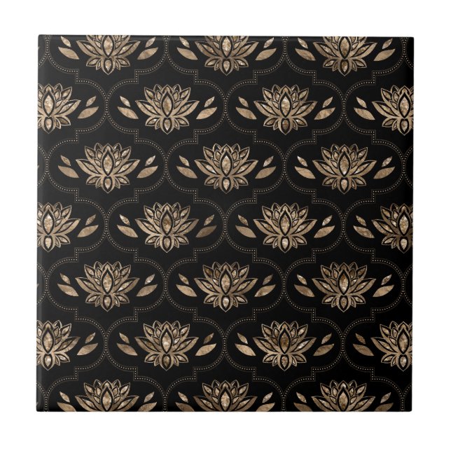 Lotus Flowers pattern - black and gold Ceramic Tile (Front)