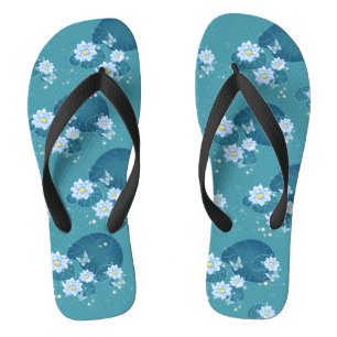 Lotus Flowers Pattern Botanical Garden Teal Green Thongs