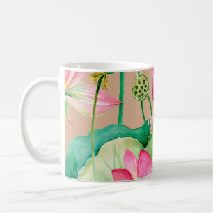lotus flowers seamless pattern. watercolor botanic coffee mug