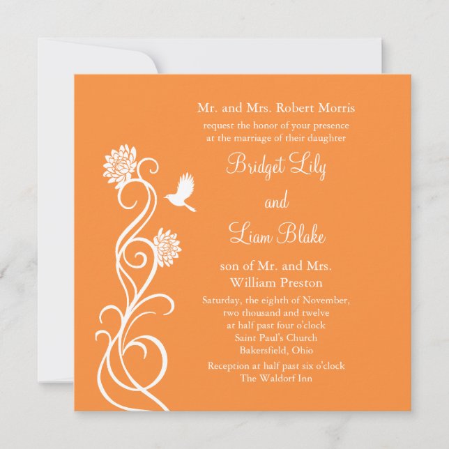 Lotus Flowers Wedding Invitation (bright orange) (Front)