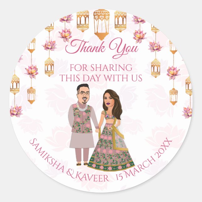 Lotus lanterns Indian wedding personalised favour Classic Round Sticker (Front)
