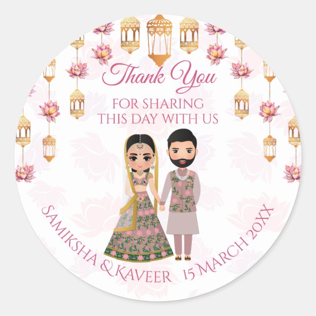 Lotus lanterns Indian wedding personalised favour Classic Round Sticker (Front)