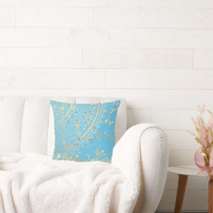 Lotus Mandala Glitter Gold Stars on Turquoise Cushion