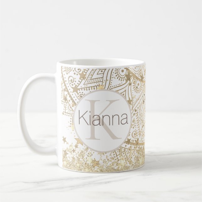 Lotus Mandala Gold Stars Glitter Personalised Coffee Mug (Left)