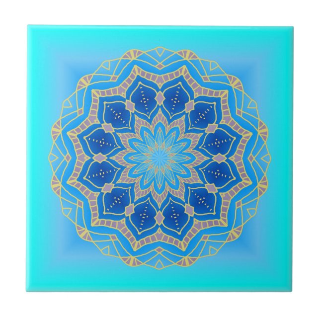 Lotus mandala in turquoise and blue ceramic tile (Front)