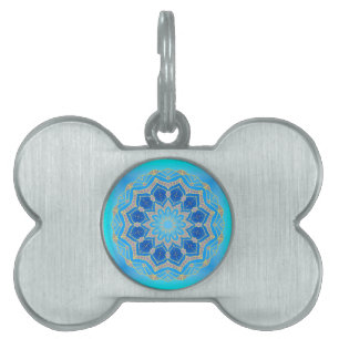 Lotus mandala in turquoise and blue pet name tag