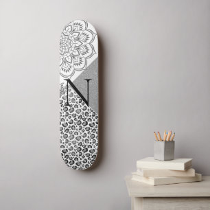 Lotus Mandala Leopard Silver Glitter Monogram Skateboard