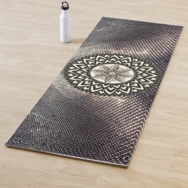 Lotus Mandala on Shimmery Silver and Black  Yoga Mat (In Situ)