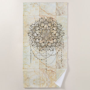 Lotus Mandala on Tan Marble  Beach Towel