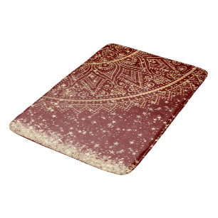 Lotus Mandala with Glitter Gold Stars on Red  Bath Mat