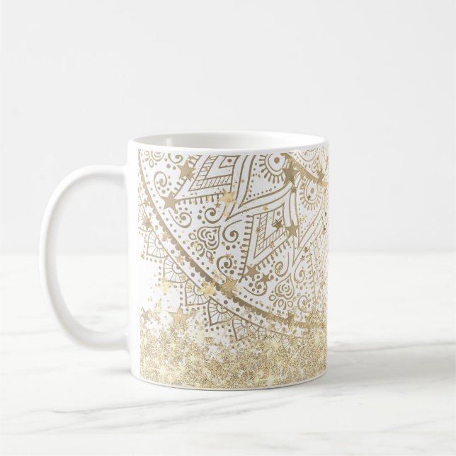 Lotus Mandala with Gold Stars Glitter on White  Coffee Mug (Left)