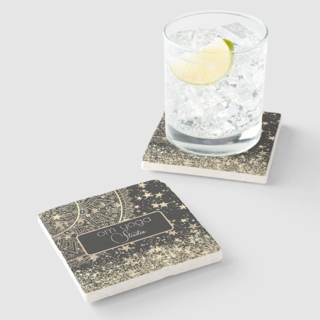 Lotus Mandala with Gold Stars on Black Customised  Stone Coaster (Side)