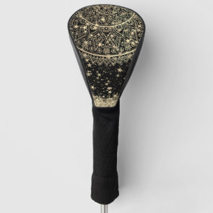 Lotus Mandala with Gold Stars on Black Golf Head Cover