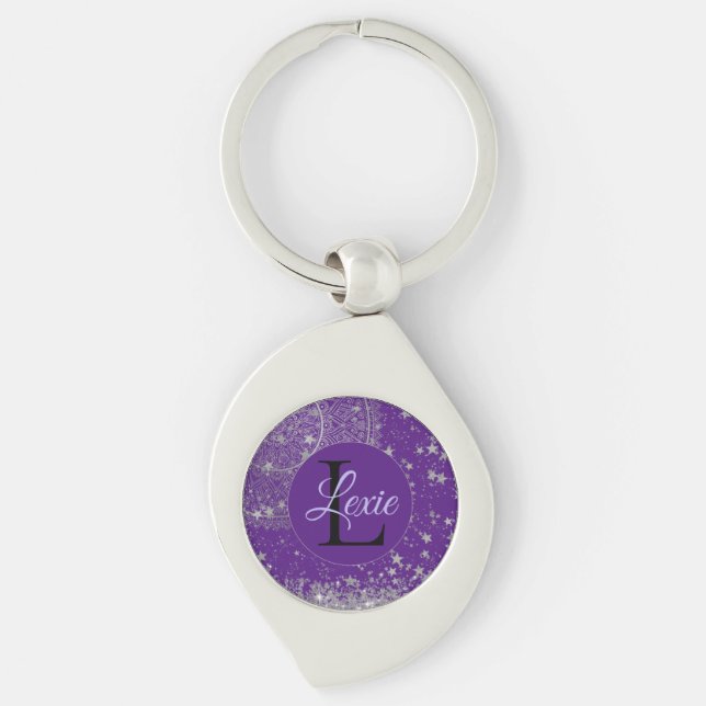 Lotus Mandala with Silver Stars on Purple   Key Ring (Front)