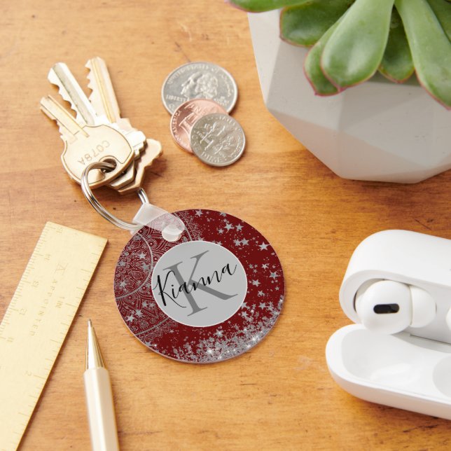 Lotus Mandala with Silver Stars on Red Personalise Key Ring (Desk)