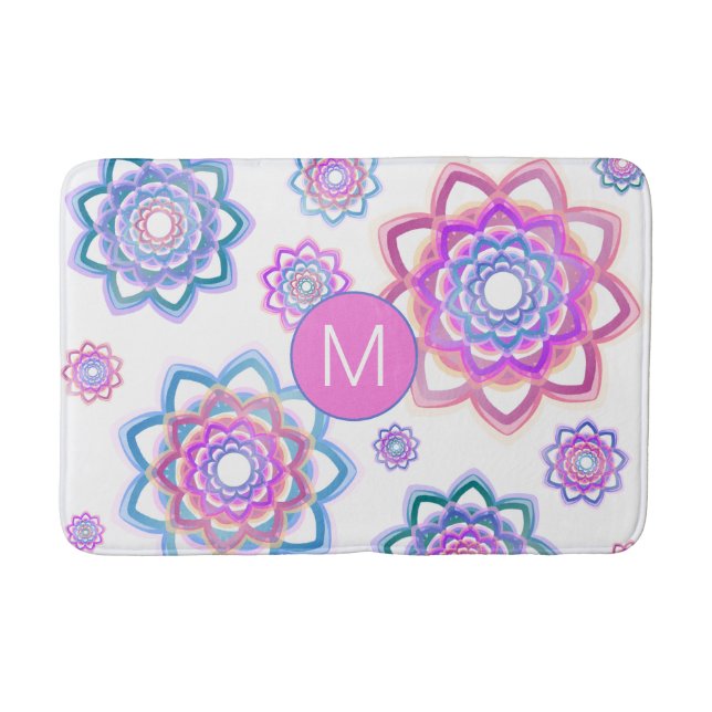 Lotus Monogram Abstract Pink Pastel Green Pattern Bath Mat (Front)