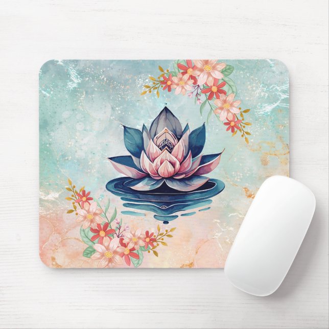 Lotus of Still Waters – Pastel Botanical Peace Mouse Pad (With Mouse)