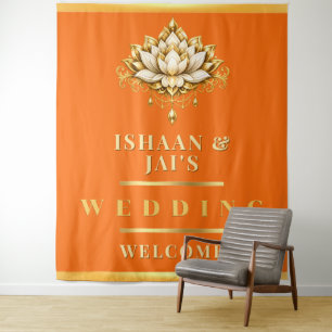 Lotus Orange Gold Indian Wedding Photo backdrop Tapestry