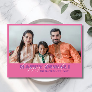 Lotus Pink Modern Photo Happy Diwali Greeting Holiday Card