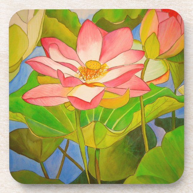 Lotus pink waterlily watercolor art painting coaster (Front)