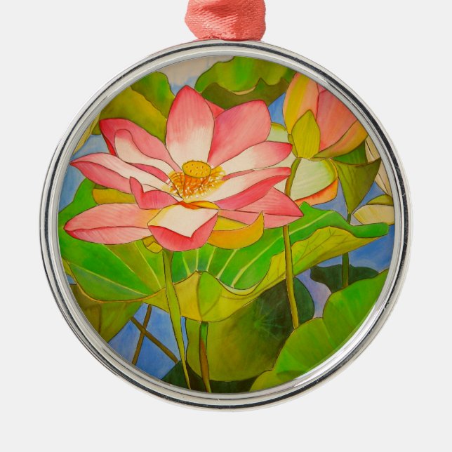 Lotus pink waterlily watercolor art painting metal ornament (Front)