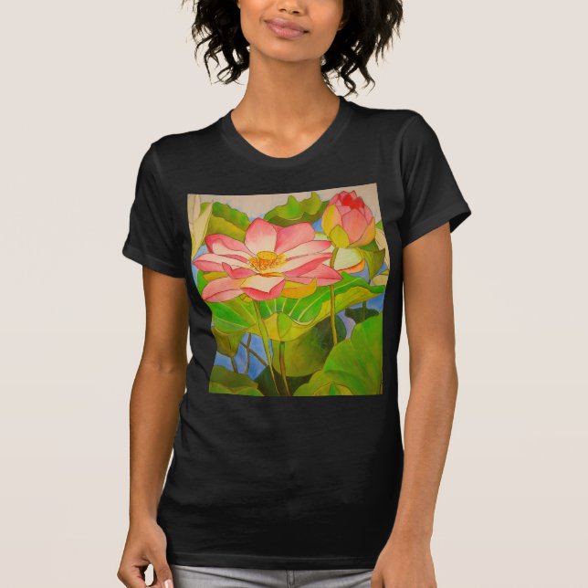 Lotus pink waterlily watercolor art painting T-Shirt (Front)