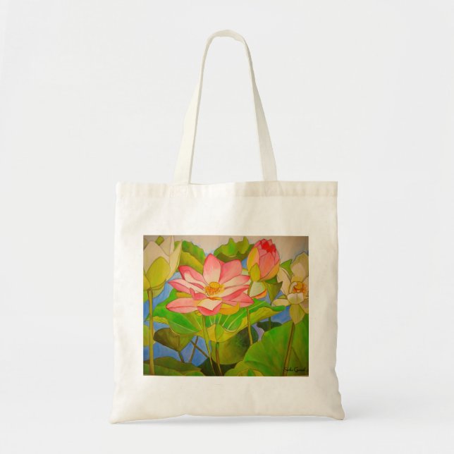 Lotus pink waterlily watercolor art painting tote bag (Front)