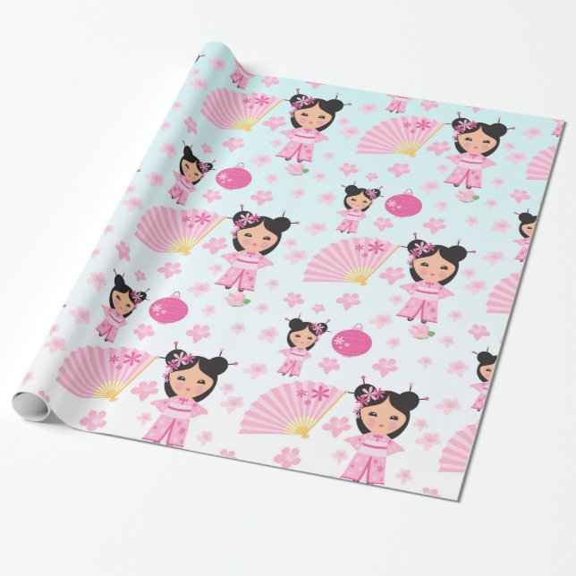 Lotus Princess and Cherry Blossoms Flowers Wrapping Paper (Unrolled)
