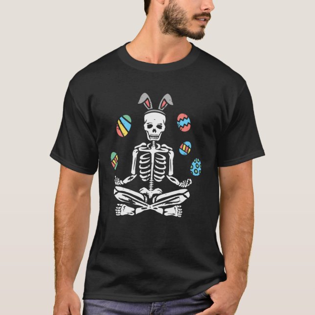 Lotus Skeleton Bunny Ears Eggs  Yoga Happy Easter  T-Shirt (Front)