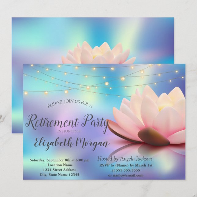 Lotus String Lights Holographic  Retirement Party Invitation (Front/Back)