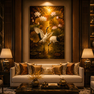 Lotus Sunset Crane Couple Romantic Oil Painting Poster