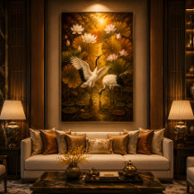 Lotus Sunset Crane Couple Romantic Oil Painting