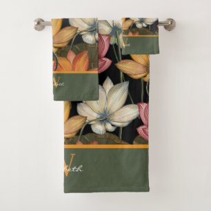 Lotus Water Lilies Pink Yellow Green Monogram Bath Towel Set