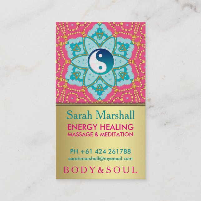 Lotus Yoga Aqua Pink Gold Business Card (Front)