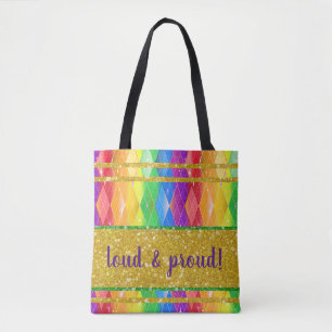 loud & proud! glitter rainbow gay pride argyle tote bag