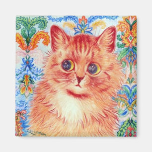 Louis Wain cute cat with abstract patterns behind Magnet