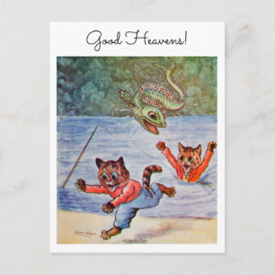 Louis Wain Fun Cartoon Fishing Cats Good Heavens  Postcard
