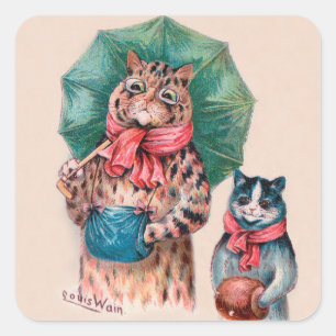 Louis Wain's Cat and Kitten With Umbrellas Square Sticker