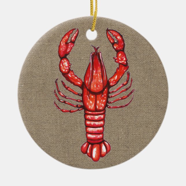 Louisiana Cajun Crawfish & Burlap Family Name Ceramic Tree Decoration (Front)
