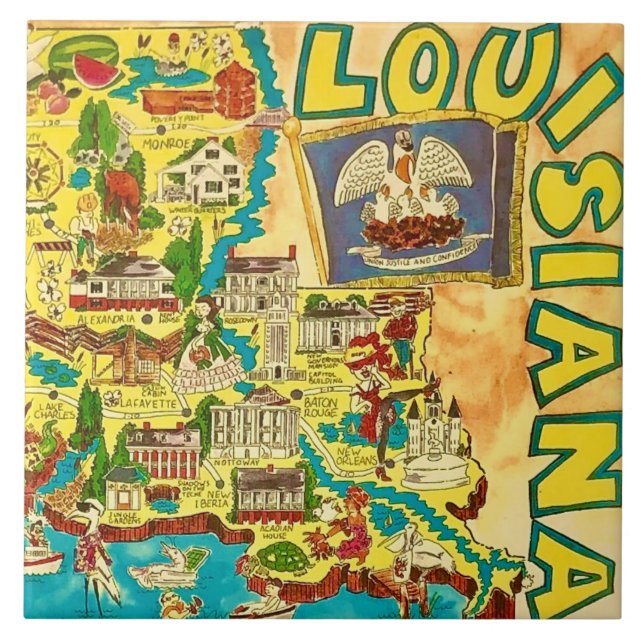  Louisiana Colourful Map Ceramic Tile (Front)