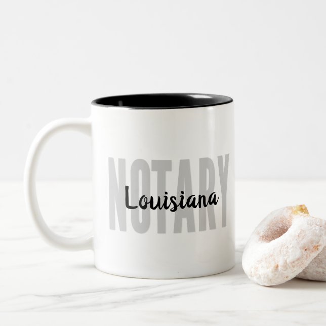 Louisiana Notary Public Faded Black Big Font Two-Tone Coffee Mug (With Donut)